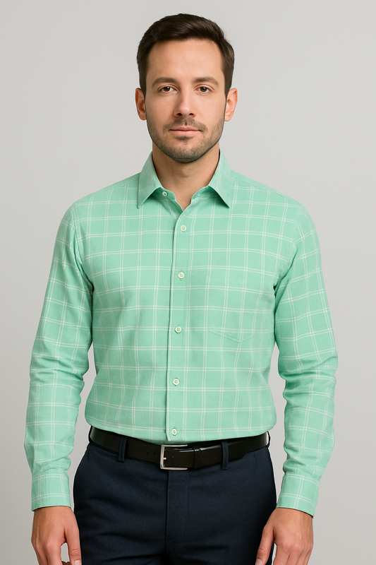 Look Men 100% Cotton Green Checks Full Sleeves Regular Fit Formal Shirt for Men