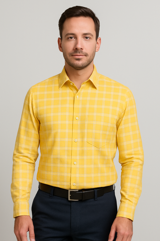 Look Men 100% Cotton Yellow Checks Full Sleeves Regular Fit Formal Shirt for Men