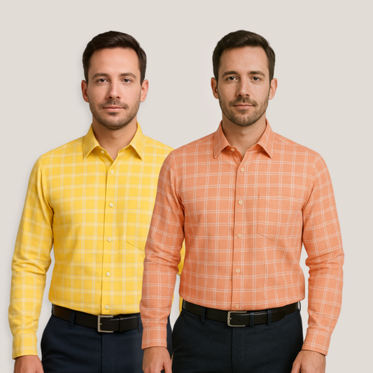 Look Men 100% Cotton Checks Full Sleeves Regular Fit Formal Shirt for Men Pack of 2 Offer